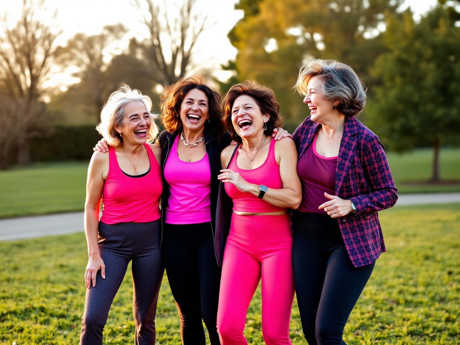 Women in their 40s laughing together outdoors in vibrant pink and coral activewear